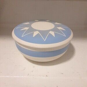 Southwestern Pottery Covered Bowl Blue Sunburst Design Signed Artisan 7" x 3"
